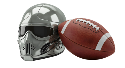 SPORT - Silver futuristic helmet next to American football on white background, perfect for sports and sci-fi themes