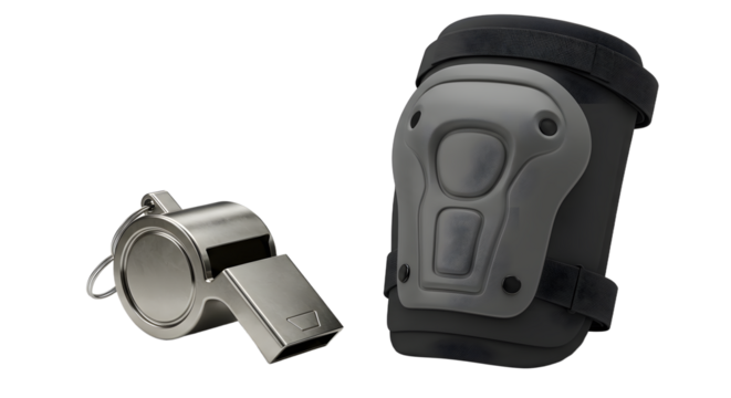 SPORT - Silver metal whistle and black and grey protective knee pad isolated on white background, perfect for sports and referee use