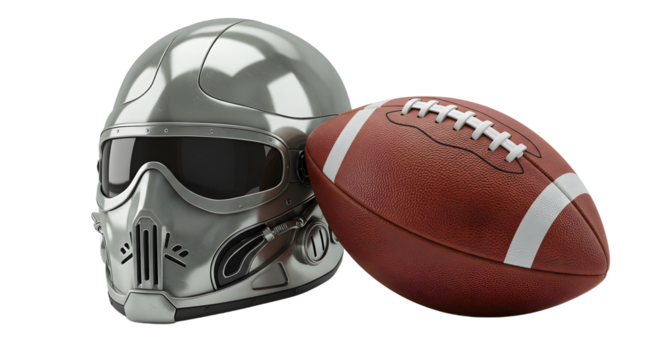 SPORT - Silver futuristic helmet next to American football on white background, perfect for sports and sci-fi themes