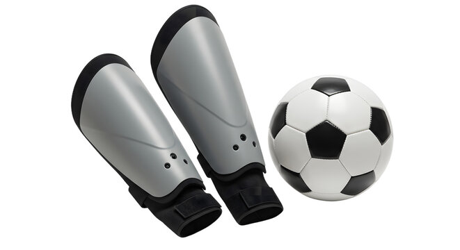 SPORT - Silver soccer shin guards with black straps and classic black and white soccer ball isolated on white background, perfect for sports and training