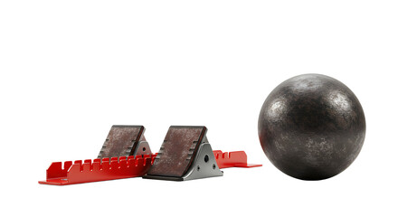 SPORT - Track starting blocks and steel shot put ball for athletics field events training and competition