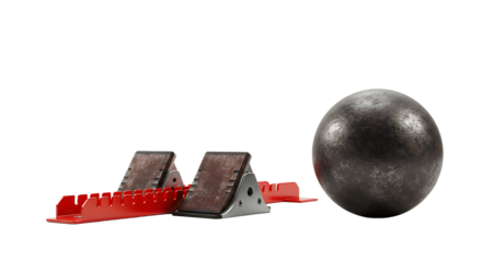 SPORT - Track starting blocks and steel shot put ball for athletics field events training and competition