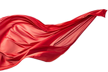 Silk glossy red cloth fluttering in the wind and white background. Material for composition.