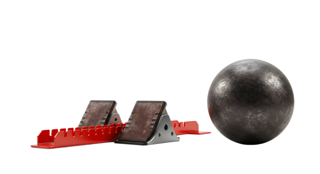 SPORT - Track starting blocks and steel shot put ball for athletics field events training and competition