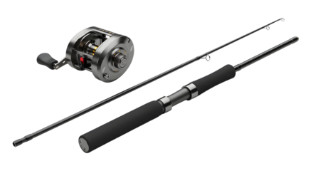 SPORT - Two-piece black fishing rod and baitcasting reel isolated on white background, sport fishing gear perfect for outdoor fishing trips