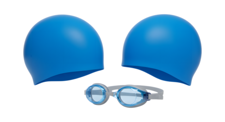 SPORT - Two blue silicone swim caps with a pair of blue swimming goggles isolated on white background, perfect for swimming training and recreational use