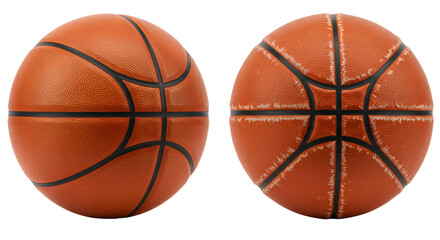 Fototapeta premium SPORT - Two basketballs side by side showing new and worn textures on white background, perfect for sports or fitness themes