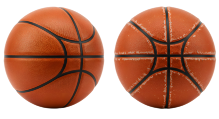 SPORT - Two basketballs side by side showing new and worn textures on white background, perfect for sports or fitness themes