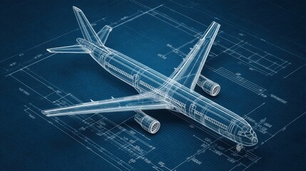 Detailed Blueprint of an Airplane in Transparent Design, Showcasing Structural Elements and Engineering Precision in Aviation Industry