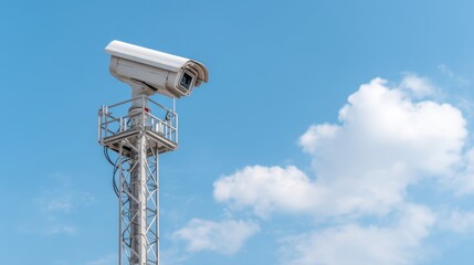 Surveillance Camera on a Tall Metal Tower Against a Bright Blue Sky with Soft White Clouds, Symbolizing Security and Monitoring in Urban Areas