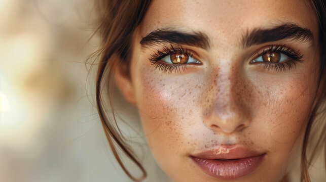 Retrato de la belleza natural con pecas  de una joven con piel radiante