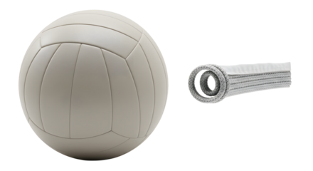 SPORT - White volleyball with a coiled net on a white background, perfect for sports and volleyball training visuals