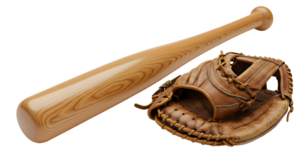 SPORT - Wooden baseball bat and leather catcher's glove on white background, perfect for sports and baseball themes