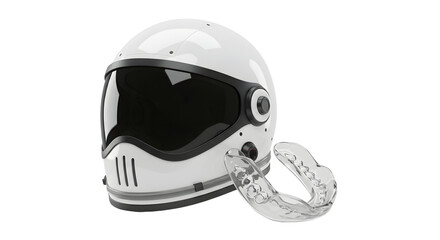 SPORT - White motorcycle helmet with black visor and transparent mouthguard isolated on white background perfect for safety and sports imagery