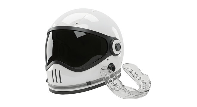 SPORT - White motorcycle helmet with black visor and transparent mouthguard isolated on white background perfect for safety and sports imagery