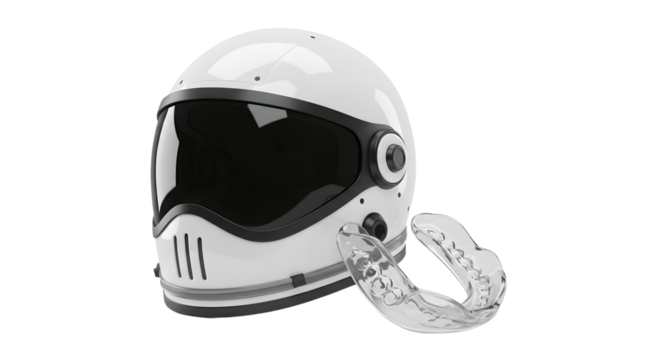 SPORT - White motorcycle helmet with black visor and transparent mouthguard isolated on white background perfect for safety and sports imagery