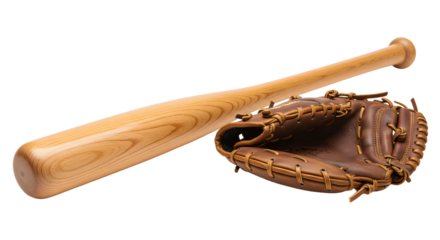 SPORT - Wooden baseball bat and brown leather baseball glove isolated on white background, perfect for sports and athletic imagery