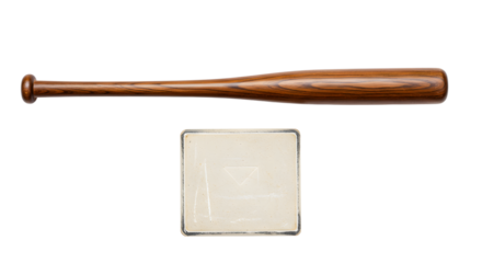 SPORT - Wooden baseball bat and white home plate isolated on white background, perfect for sports or baseball related designs