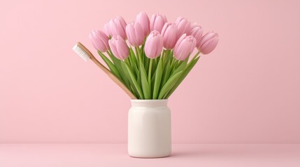 Charming Pink Tulips in a White Pot with a Natural Wooden Toothbrush on a Soft Pink Background for Freshness and Hygiene Concepts