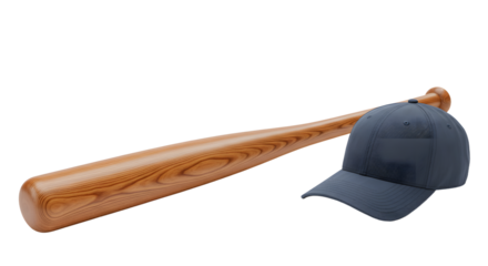 SPORT - Wooden baseball bat with dark blue cap isolated on white background, perfect for sports and baseball training visuals