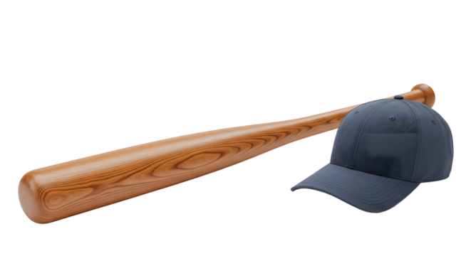 SPORT - Wooden baseball bat with dark blue cap isolated on white background, perfect for sports and baseball training visuals - Powered by Adobe
