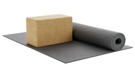 SPORT - Yoga block and rolled yoga mat on gray background, perfect for yoga practice and fitness workouts