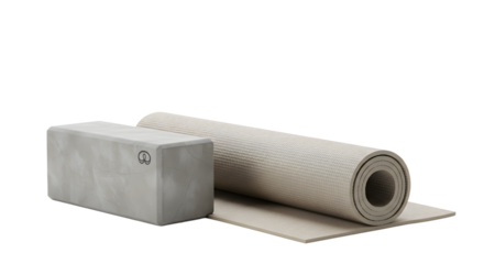SPORT - Yoga mat and block in neutral color on white background, fitness equipment for exercise and stretching