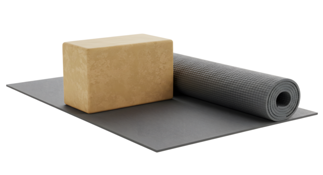 SPORT - Yoga block and rolled yoga mat on gray background, perfect for yoga practice and fitness workouts