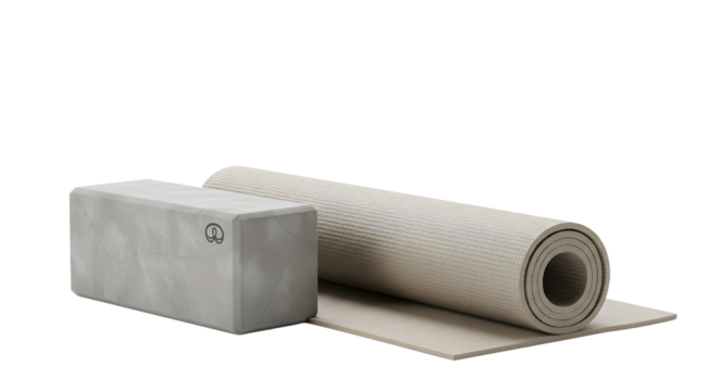 SPORT - Yoga mat and block in neutral color on white background, fitness equipment for exercise and stretching