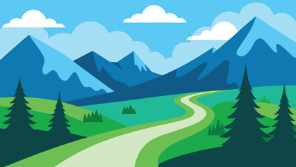 Fototapeta premium Landscape Illustration Winding Path Through Green Hills Towards Blue Mountains Under Cloudy Sky