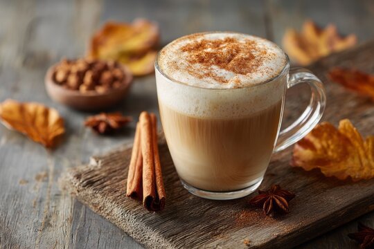 Creamy pumpkin spice latte with whipped cream and cinnamon on wooden board. Pumpkin chai tea latte in a clear glass mug with cinnamon stick and nutmeg dusting, concept of autumn warm drinks - Powered by Adobe