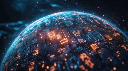 Futuristic globe made of glowing circuit boards rotating in deep space with neon constellations linking continents .