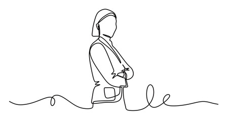 Continuous line art of a young woman in a business suit folding her arms across her chest, concept of a young entrepreneur. Vector illustration