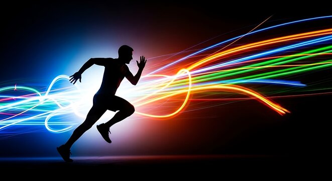 Dynamic Runner Silhouette with Colorful Light Trails.