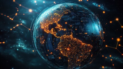 Futuristic globe made of glowing circuit boards rotating in deep space with neon constellations linking continents .