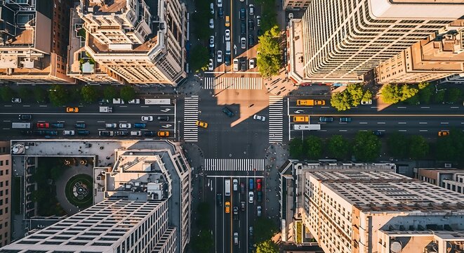 Aerial view of a bustling city intersection with highrise buildings