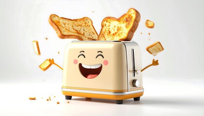 Toaster with Toast Popping Out and Happy Face on White Background