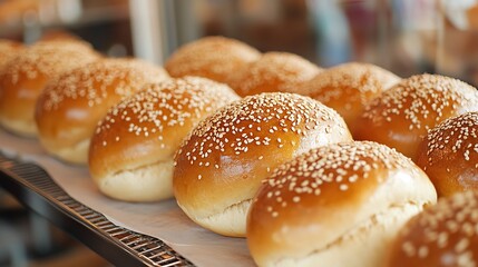 Bun with sesame seeds on display in a bakery shop