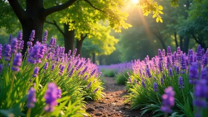Obraz premium Serene Pathway Through a Lavender Field Bathed in Golden Sunlight, Creating a Tranquil and Picturesque Scene