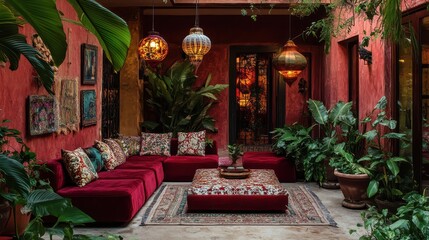 A living room with a red couch and a rug