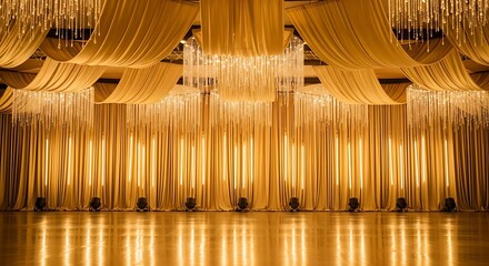Elegant ballroom interior with draped fabric and crystal chandeliers