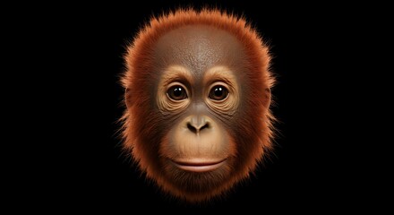 Front view of baby orang utan head face isolated on black background. Wildlife photo concept