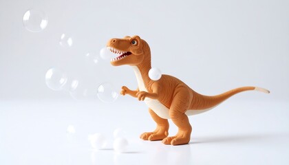 Toy Dinosaur Playing with Soap Bubbles on White Background