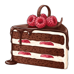 A tall slice of chocolate cake with multiple layers of filling, topped with three fresh raspberries and chocolate drizzle