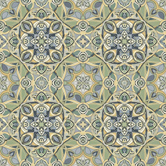 Seamless pattern with geometric floral designs in green, gold, and gray hues, seamless pattern, Stock royalty image.