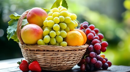 Bunch of juicy delicious organic fruits in basket on table