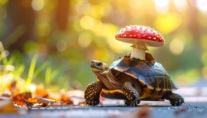 Turtle Carrying Mushroom in Outdoor Setting