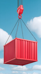 Red Container Lifted by Crane: A vibrant red shipping container is suspended mid-air by a robust crane, set against a backdrop of a clear, blue sky, highlighting global trade and transportation.