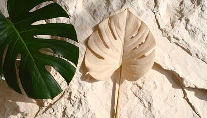 Tropical Monstera Leaves on Stone Background Exotic Leaf Arrangement