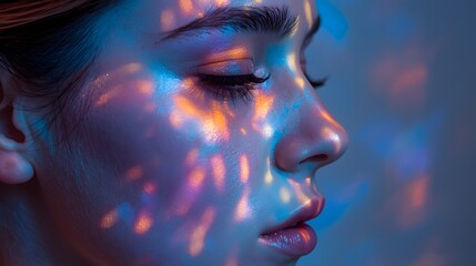 Close-up portrait of a woman with glowing skin and colorful light reflections across her face, artistic beauty photography emphasizing natural elegance and surreal lighting